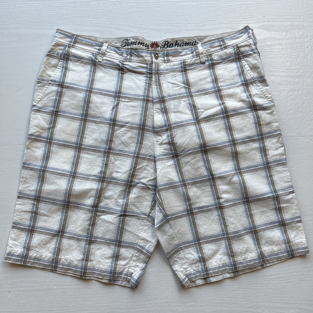 Tommy Bahama 11" Linen Blend Shorts Mens 40 Off White Plaid Relaxed Fit